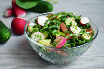 fresh summer vegetable salad with radishes and herbs