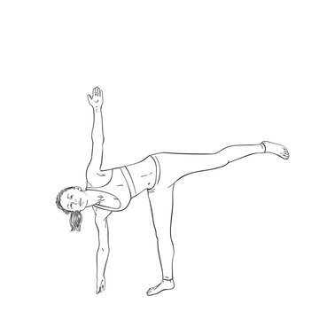 Sketch of woman doing yoga, Standing on one leg, Hand drawn vector illustration isolated