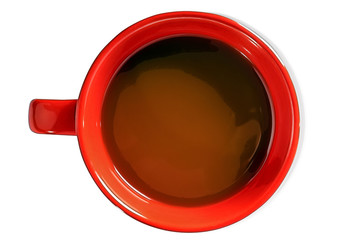 A drawing of an orange coffe tea cup on white background, isolated. View from above.