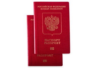 A couple of red Russian passports for travel, going abroad, isolated.