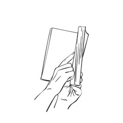 Sketch of book in hands holding finger on pages, Hand drawn isolated vector line art illustration
