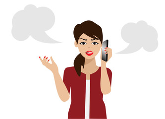 Young beautiful woman with angry face talking unhappy with someone via smart phone. Isolated in white background, free space for text in speech bubble. Vector Illustration. 