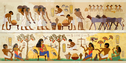 Life of egyptians. History art. Ancient Egypt frescoes. Agriculture, fishery, farm. Old tradition, religion and culture. Hieroglyphic carvings on exterior walls of an old temple