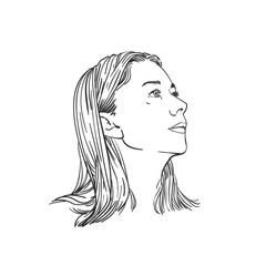 Portrait of woman with long hair looking sideways up, Hand drawn illustration, Vector sketch