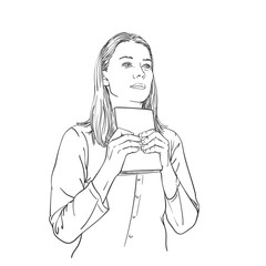 Young woman holds book in hands, looks straight and thinks, vector sketch, hand drawn linear illustration isolated