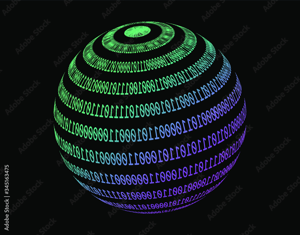 Aufkleber Glowing neon sphere made of binary digits, zeros and ones. Metaphor of complexity and connectionism, cyberspace and virtual reality.