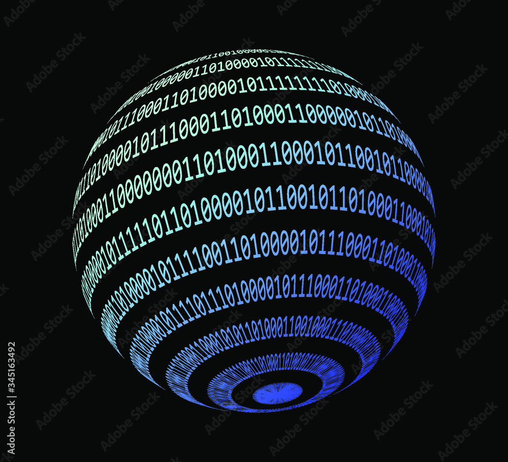 Fototapete Glowing neon sphere made of binary digits, zeros and ones. Metaphor of complexity and connectionism, cyberspace and virtual reality.