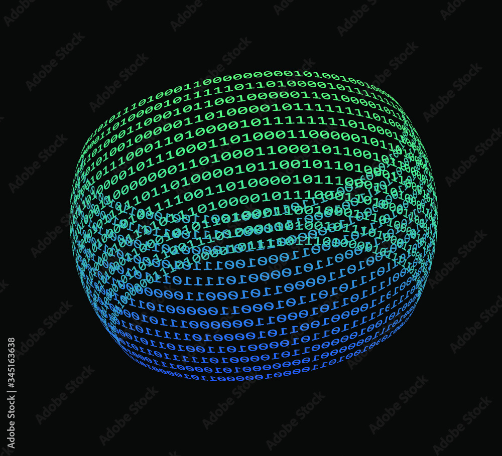 Aufkleber Glowing neon sphere made of binary digits, zeros and ones. Metaphor of complexity and connectionism, cyberspace and virtual reality.
