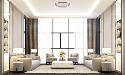 living room in modern classic style with sofa coffee table and armchair on black marble floor and classic element decoration wall and ceiling 3d rendering