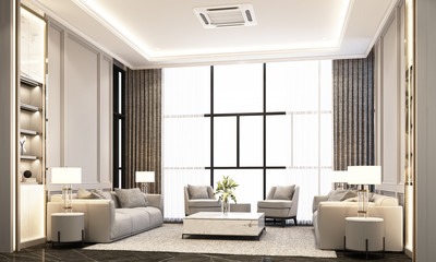 living room in modern classic style with sofa coffee table and armchair on black marble floor and classic element decoration wall and ceiling 3d rendering