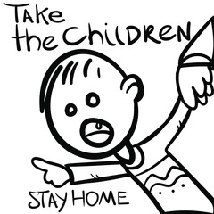 The adult does not let the child go for a walk. Lettering "Take the children" and "Be at home" A boy who runs to play but he is not allowed. Illustration for a children's book, sticker, news, design.