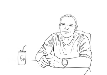Relaxed man sitting behind table with beverage and with watches on his arm, Vector sketch, Hand drawn illustration
