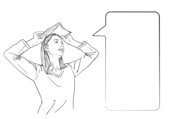 Young woman holds open book over her head like roof over house, looks sideways up, smiles and talking with speech bubble, vector sketch, hand drawn linear illustration
