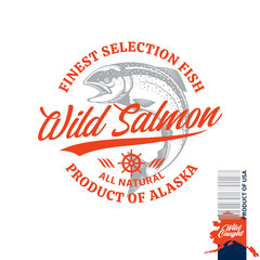 Vector wild salmon logo on a white background. Salmon label with sample text. Fish illustration. Vector seafood logotype design
