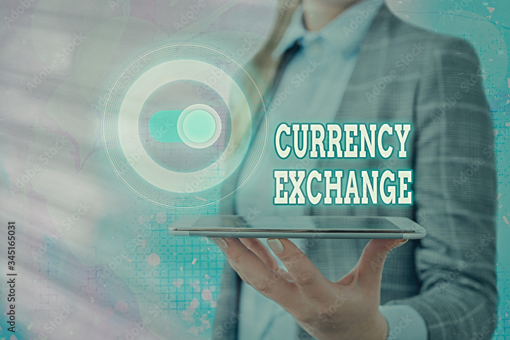 Poster text sign showing currency exchange. business photo showcasing process of changing one currency into