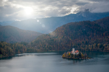 Panoramic view of Santa Maria Church on the Lake Bled (Blejsko jezero)  in autumn , Slovenia