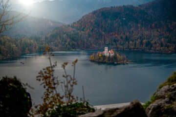 Panoramic view of Santa Maria Church on the Lake Bled (Blejsko jezero) in autumn , Slovenia