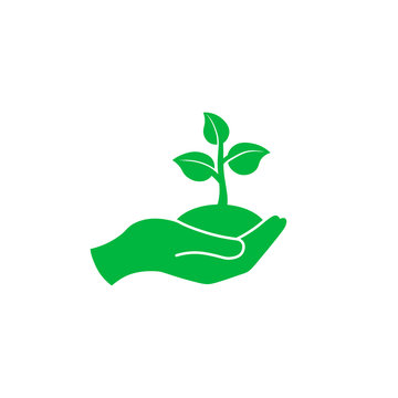 Hand holding seedlings with leaves or palm with sprout, ecology icon in green on an isolated white background. EPS 10 vector.