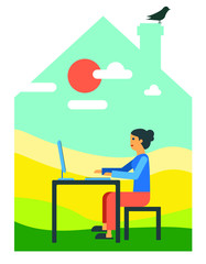 a young woman working at her desk with a computer at home with nature landscape behind her and a bird on the rooftop - flat vector illustration