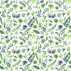 Green gentle leaves, spring summer floral elements seamless pattern
 on a pink background .
 Stock illustration. Hand painted in watercolor.