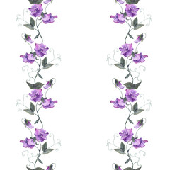 Seamless garland pattern with pink sweet pea flowers. Watercolor floral elements isolated on white background. Ideal illustration for textile, print and wrapping paper design.  