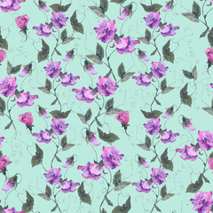 Seamless pattern with pink sweet pea flowers. Watercolor floral elements isolated on mint background. Ideal illustration for textile, print and wrapping paper design.  