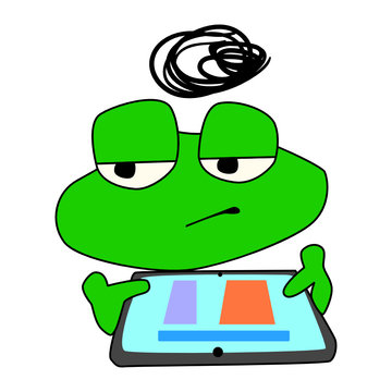 Vector bored frog on a white background. Cartoon toad with a tablet looks away. 2D character with emotion of indifference. Lack of interest and attention. Stock toad for stickers, logo and print.