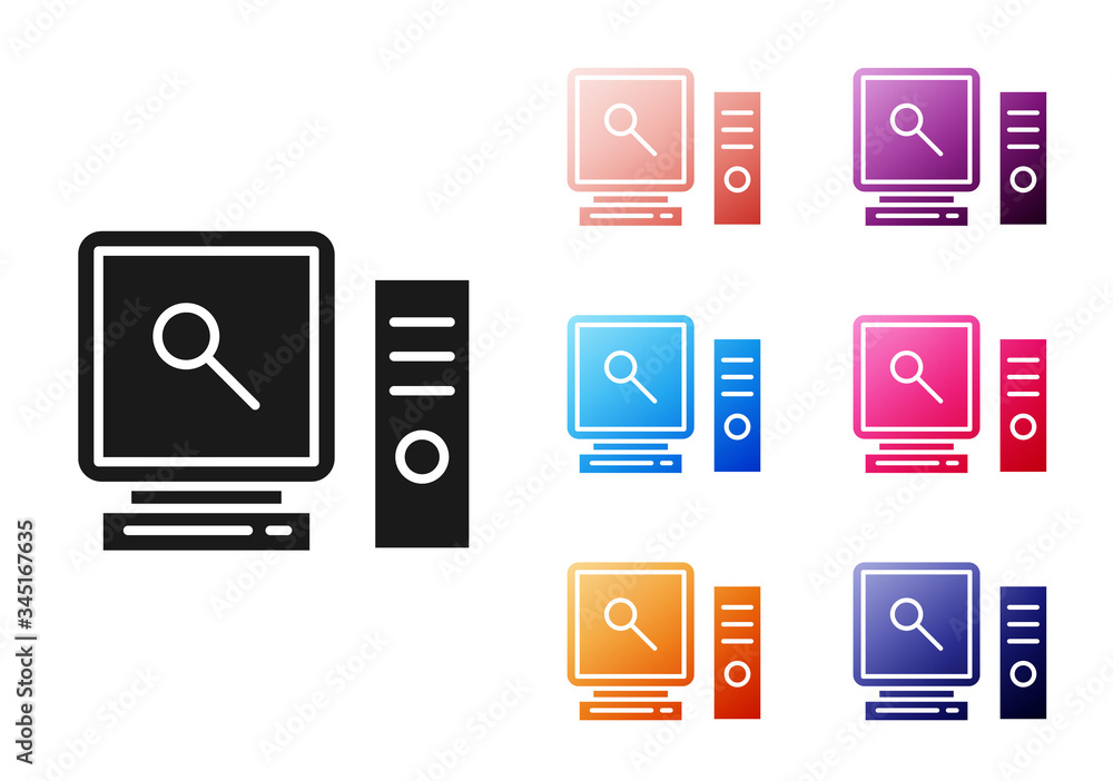Poster black search on computer screen icon isolated on white background. screen and magnifying glass. set 