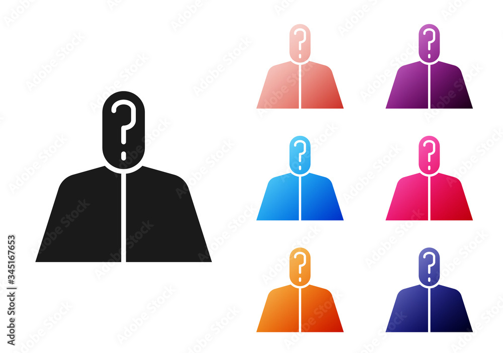 Poster black anonymous man with question mark icon isolated on white background. unknown user, incognito pr