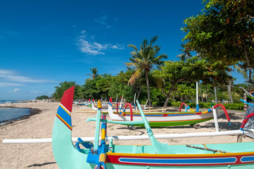 Traditional Jukung fishing boats on Sanur Beach Sanur Bali Indonesia