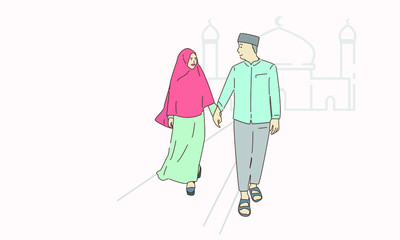 Vector illustration of happy asian muslim couple enjoying their time together after praying at the mosque during ramadhan month