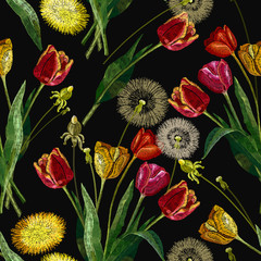 Red and yellow tulips and white dandelion flowers. Seamless pattern. Summer embroidery art. Fashionable template for design of clothes, t-shirt design, tapestry. Botanical illustration