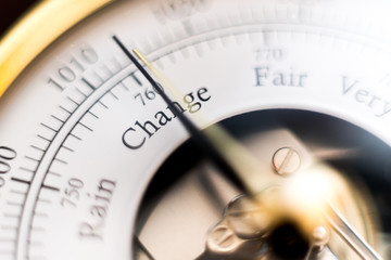 needle of a barometer pointing at the word change. close up of the word - obrazy, fototapety, plakaty