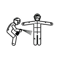 man in PPE disinfecting the suit of another person icon