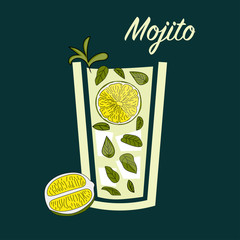 Cocktail with lime and mint. Mojito. Vector illustration	