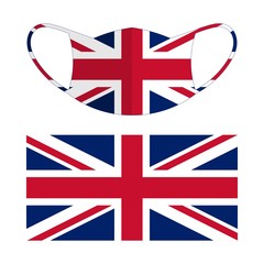 Protection face mask and United Kingdom flag motif isolated over white background