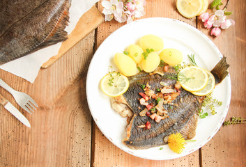 Scholle Maischolle gebraten Teller Tisch overhead