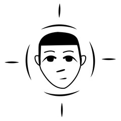 An excited man at gunpoint. Round frame for determining the face. Face recognition technology icon. A guy with big eyes in the search area. Icon for design sites on the topic of technology.