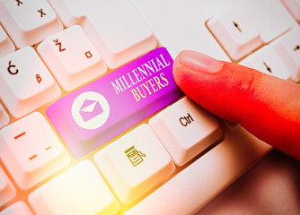 Writing note showing Millennial Buyers. Business concept for Type of consumers that are interested...
