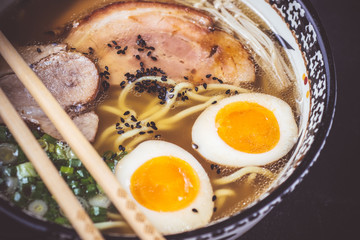 Japanese Traditional Ramen Soup with Pork, Eggs and Udon Noodles