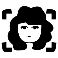 Icon of a girl with magnificent curly hair. Face recognition icon. Black-white woman with make-up, on a white background. Image of a girl for a logo icon, print and design.