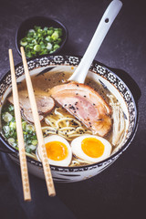 Japanese Traditional Ramen Soup with Pork, Eggs and Udon Noodles