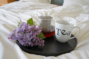 Close up of a tray on the bed, tea pot, cup and lilac flower on the tray. 