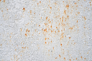 White metal sheet with some rust background. Texture Paint which cracked and began to corrosion metal. Old iron gate with peeling gray paint.