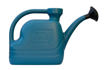 Plastic garden watering can on a white background. Blue plastic watering can with black spray for...