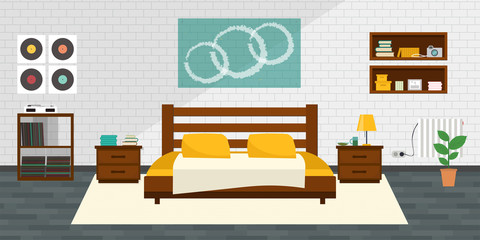 Modern Bedroom with furniture. Flat style vector illustration. Cozy interior. Hotel room.