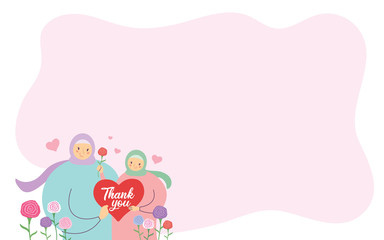 Happy Mother's Day greeting card template or copy space. Muslim mother & daughter holding heart shape 