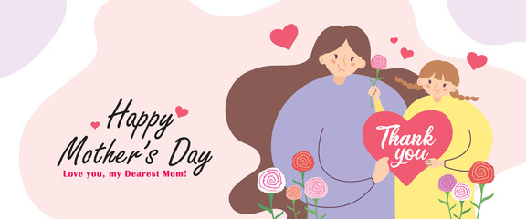 Happy Mother's Day web banner. Hand drawn mother & daughter holding heart shape 