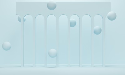 Blue arches in the wall and flying spheres. 3d rendering