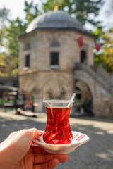 Turkish tea in a traditional turkish garden in Koza Han Silk Bazaar in Bursa, Turkey © Mazur Travel